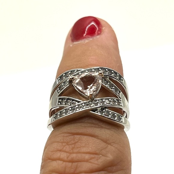 Ring Pink - Clear Quartz Anniversary or Wedding Band size 6 Sterling Silver 925 - Picture 10 of 11